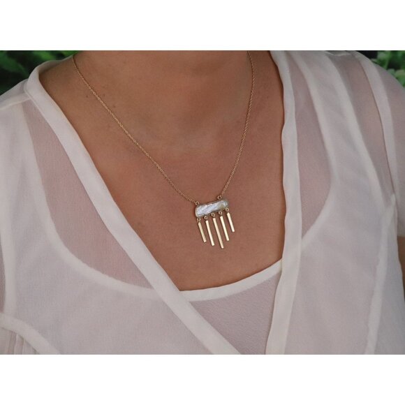 Gold Over Sterling Silver Natural Keshi Pearl Dangle Necklace 16" to 18" - Picture 2 of 8